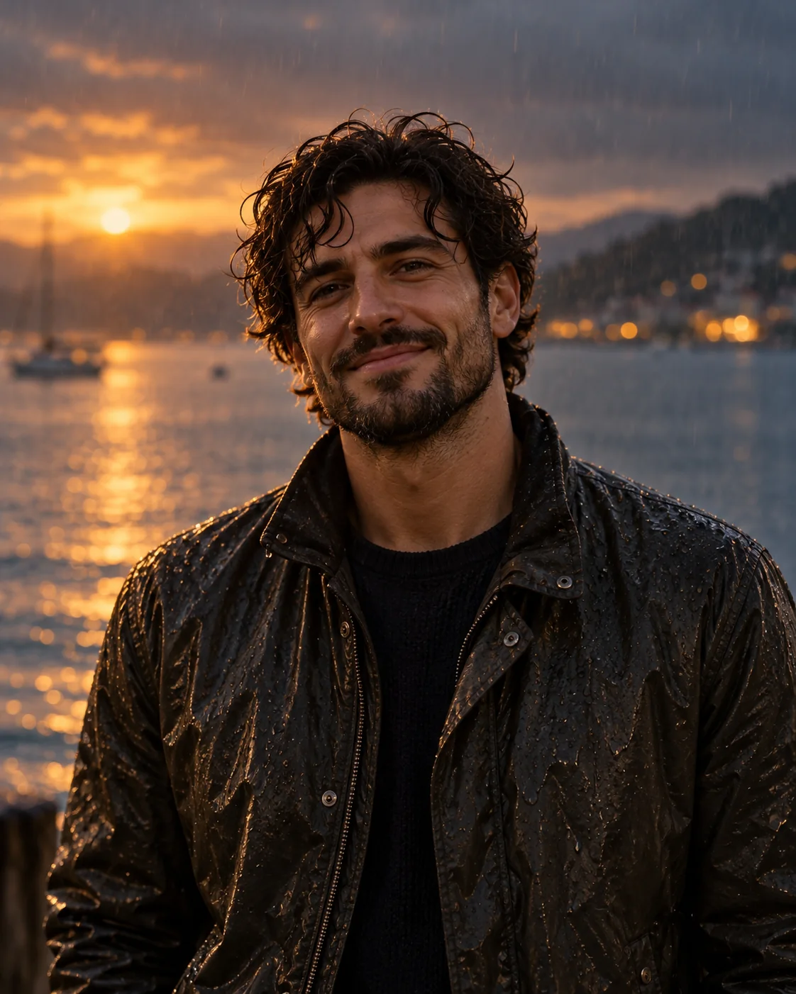 AI-generated demo portrait of an adult man in a dark jacket by the water