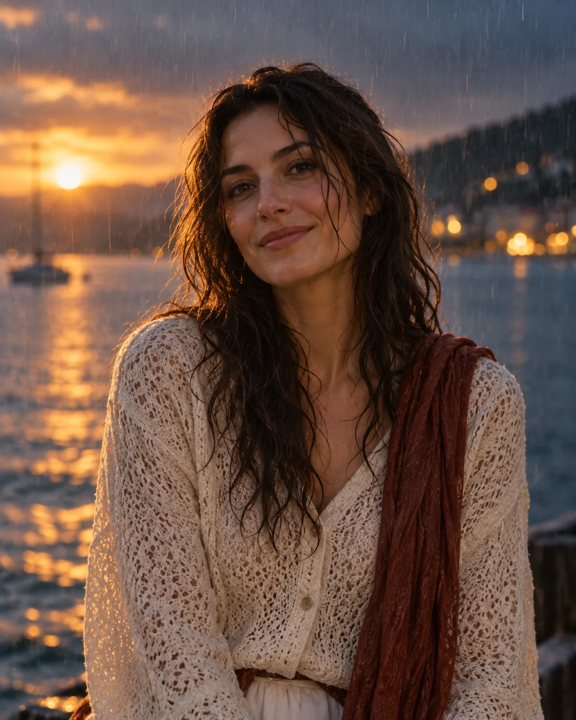 AI-generated demo portrait of an adult woman in an ivory outfit by the water