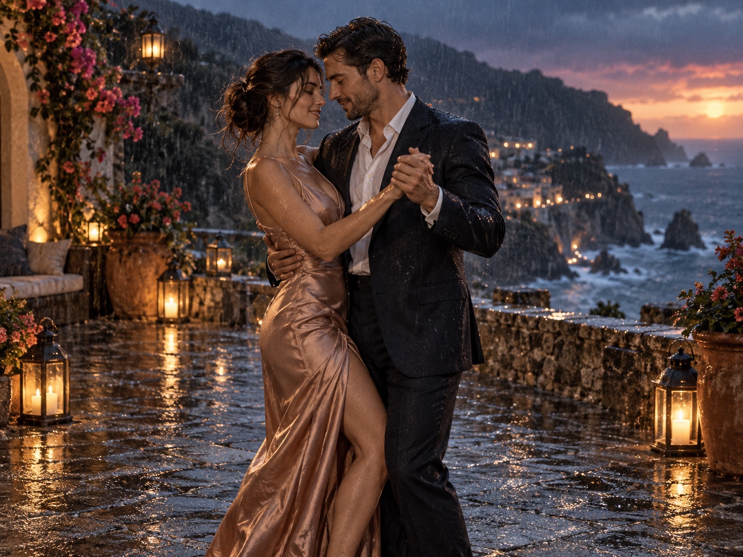RainDance AI concept artwork: a couple dancing in rain at dusk by the coast